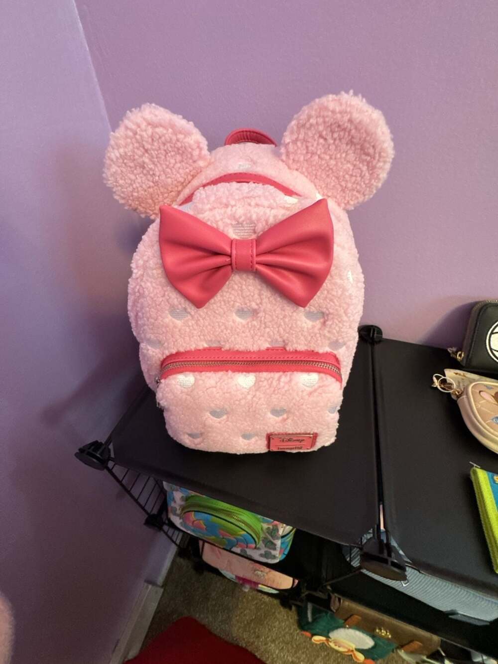 Loungefly Disney Minnie Mouse Hearts Strawberry Scented Sherpa Mini Backpack